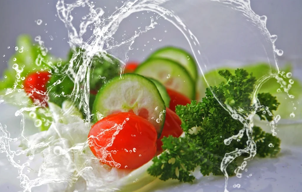 Gurka, tomat och andra råvaror som plaskar i vatten
